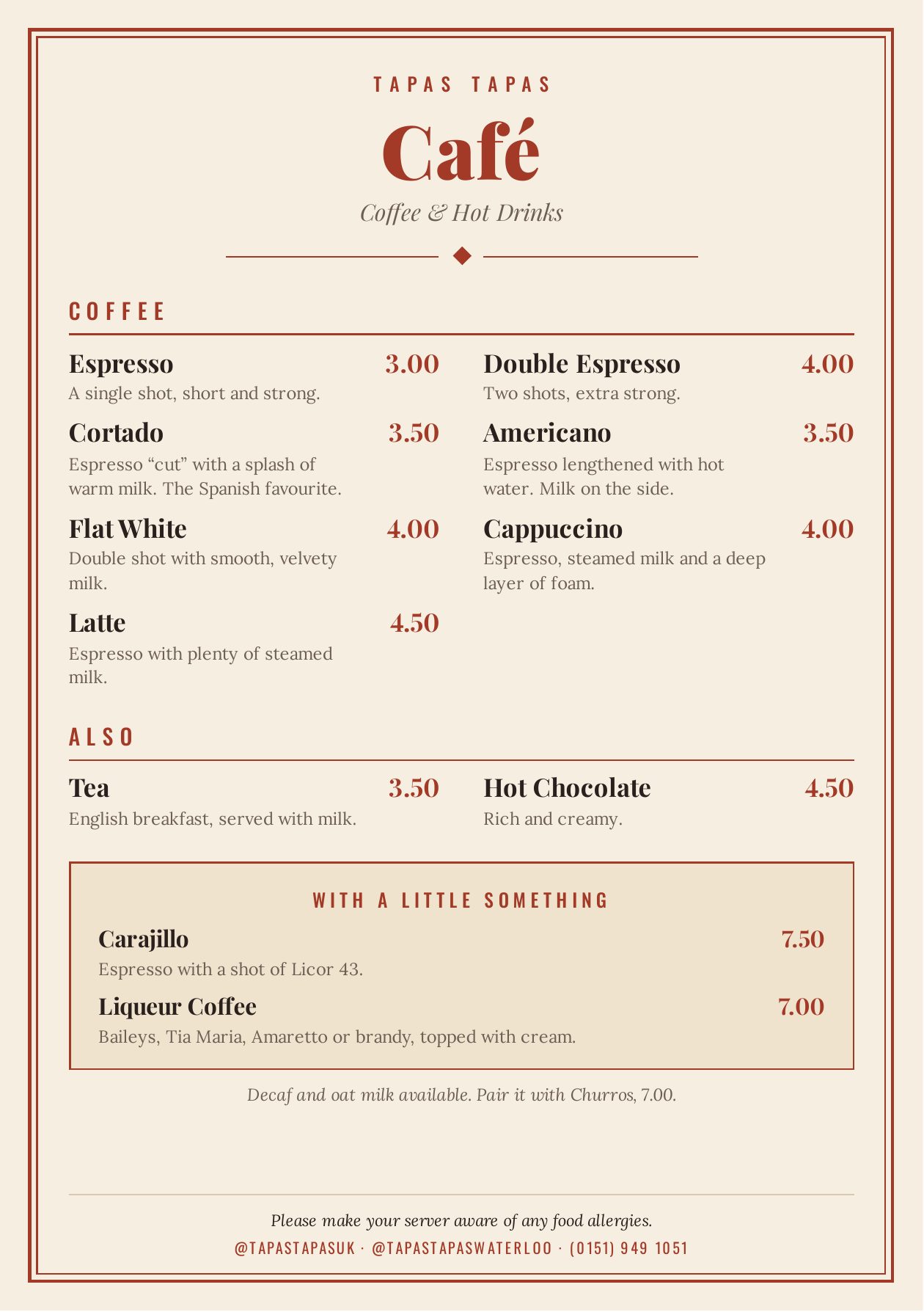 Tapas Tapas coffee menu