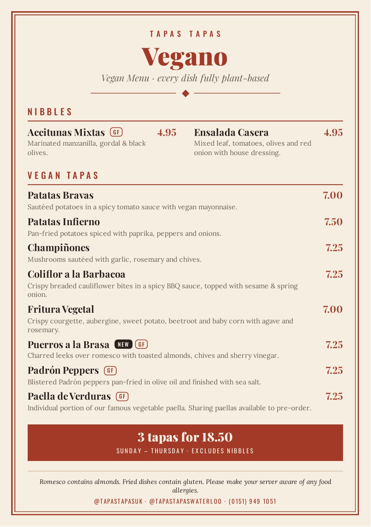 Tapas Tapas vegan menu
